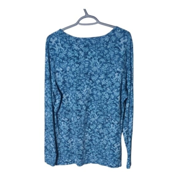 Peruvian Connection Nimes Tapestry Tee Blue Floral Scoop Neck Sz XL Pima Cotton - Picture 2 of 5